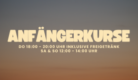 Text in auffälliger Schrift über einen Sonnenuntergang mit Kursinformationen.